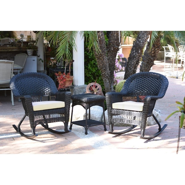 Jeco W00207R-D-2-RCES001 Black Rocker Wicker Chair Set with Ivory Cushion - 3 Piece W00207R-D_2-RCES001 - main